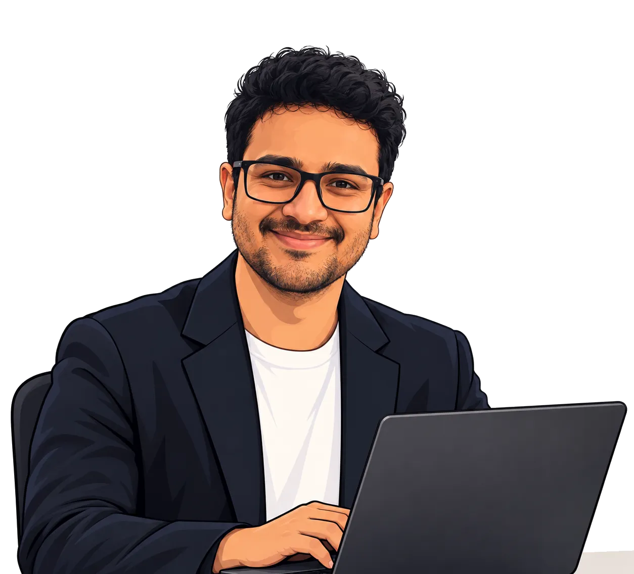 Illustration of Madhurjya smiling at a laptop, in glasses, a dark jacket and a white t-shirt.