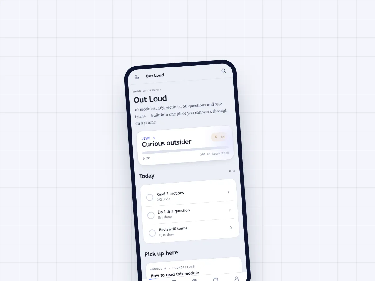 Out Loud on a phone: the PM interview studio home screen with today's tasks, a level card and the module list.
