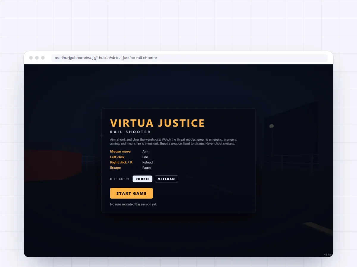 Virtua Justice title screen: rail shooter controls, a difficulty choice between Rookie and Veteran, and a Start Game button over a night-time street scene.